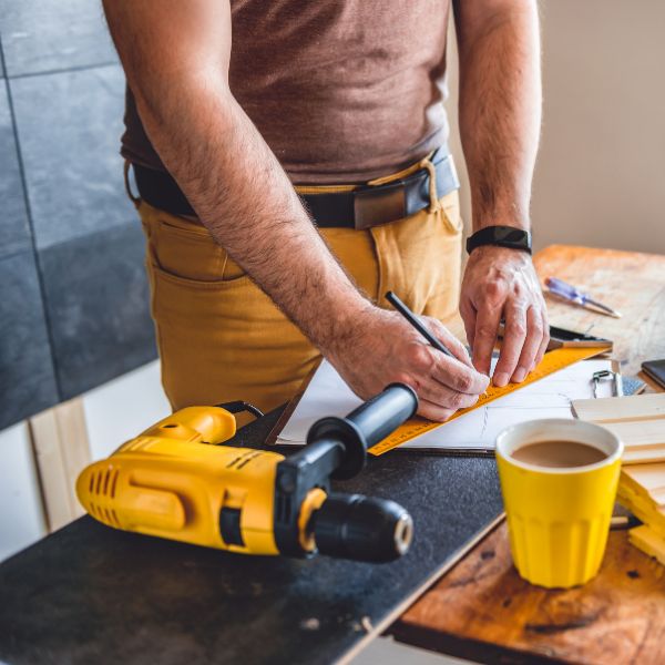 A plumber working on a blueprint